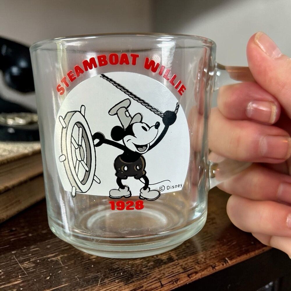Vintage Disney Steamboat Willie 1928 Design Mickey Mouse Glass Cup Mug 3.5"H